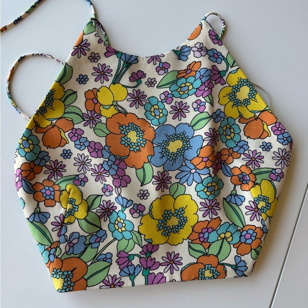 ZARA Floral Crop Top Strappy Back Tie - Picture 2 of 5